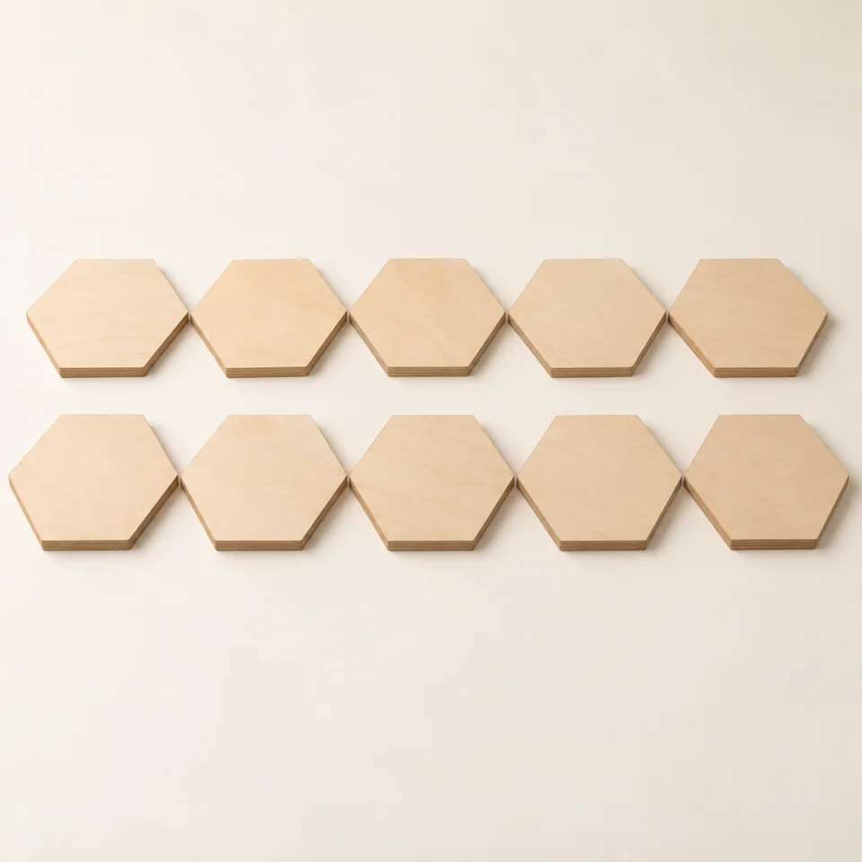 Plywood Hexagon Craft Blanks — Ten — AI-generated design illustration
