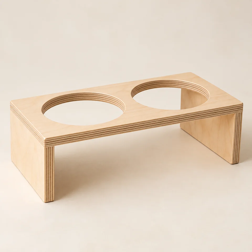 Plywood Pet Bowl Stand — Double — AI-generated design illustration
