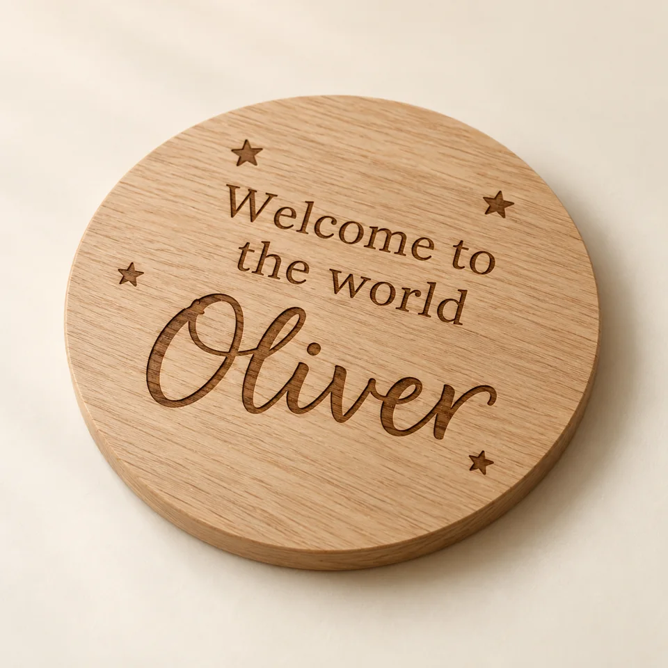 Personalised Wooden Birth Announcement Plaque — AI-generated design illustration