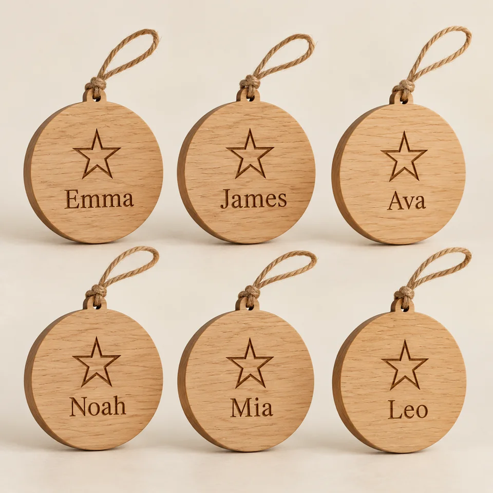 Personalised Wooden Christmas Decorations — Six — AI-generated design illustration
