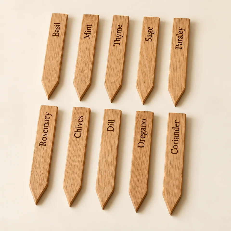 Engraved Wooden Plant Markers — Ten — AI-generated design illustration