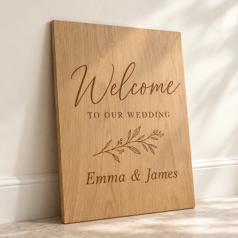 Personalised Wooden Wedding Welcome Sign — AI-generated design illustration