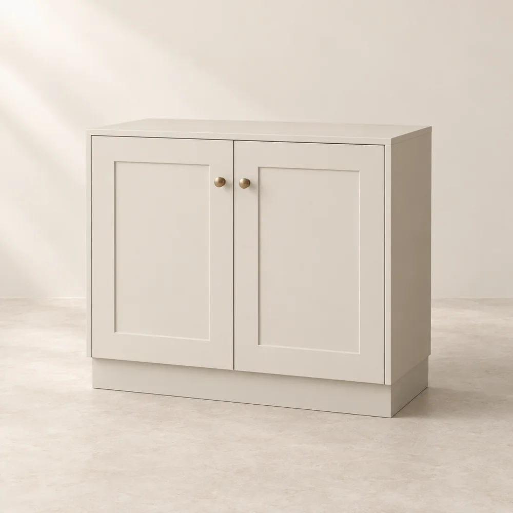 Design illustration of a painted Shaker sideboard with two panelled doors and brass knobs