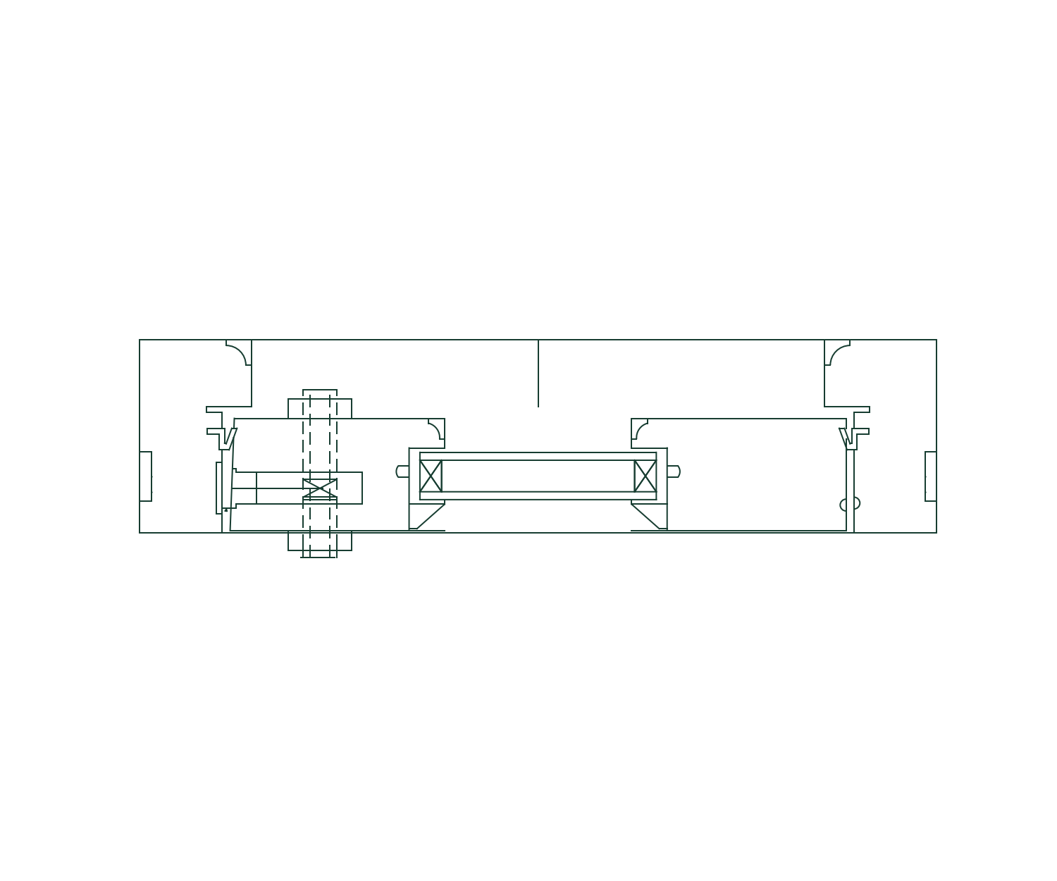 Horizontal CAD section through a timber door leaf and frame, showing the rebate, seals and glazing