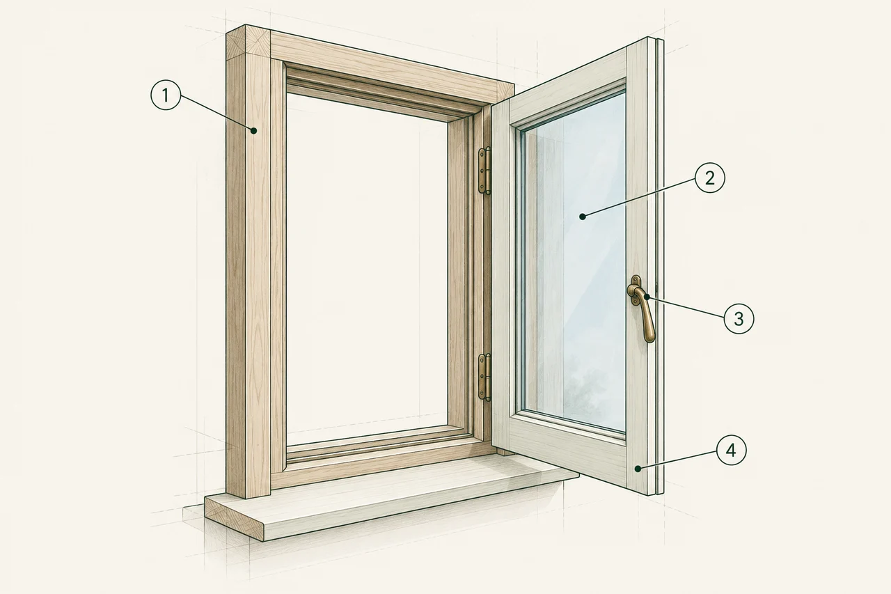Illustrated timber casement window: 1 timber and profile, 2 glazing, 3 hardware, 4 finish.