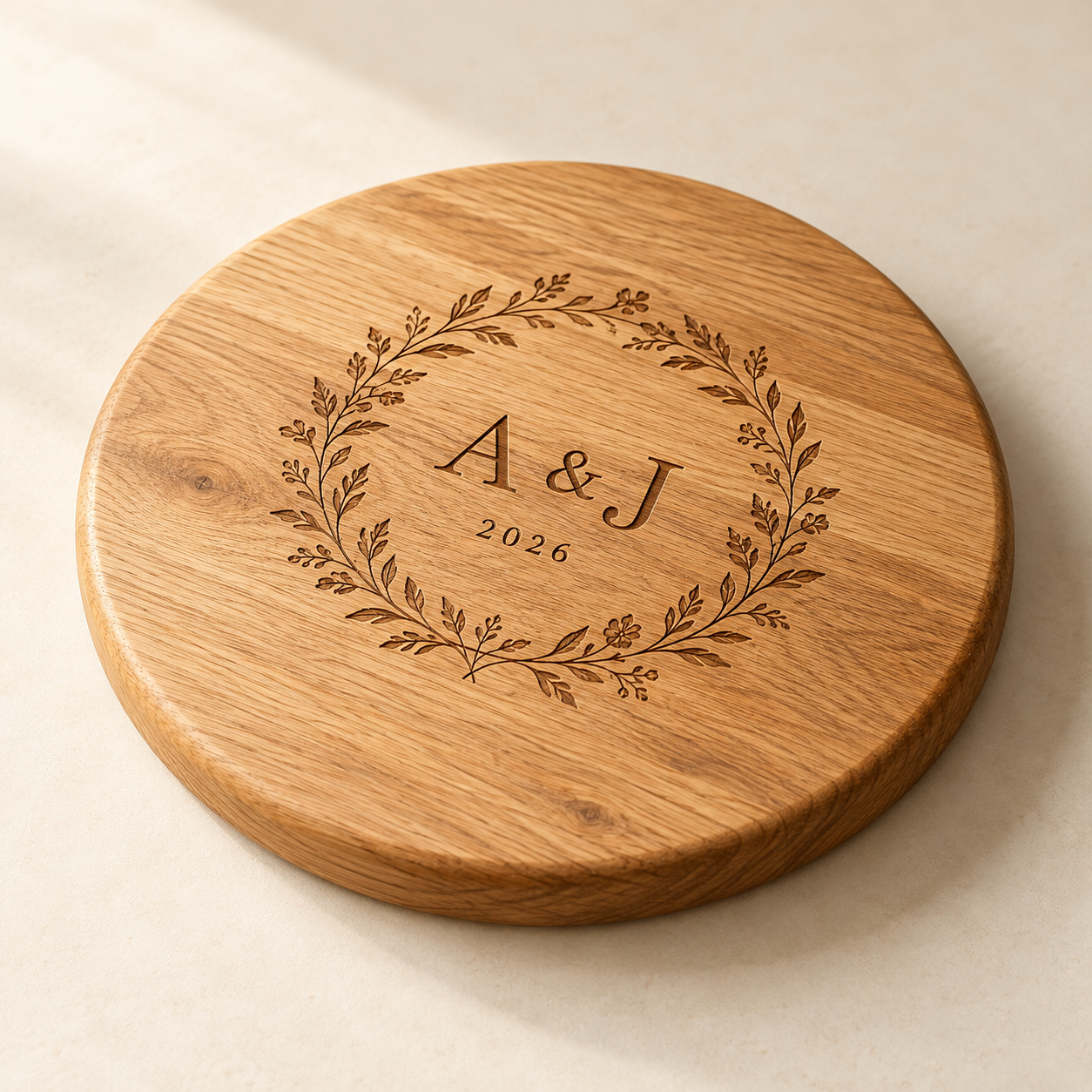 Monogram Oak Round Sharing Board — AI-generated design illustration