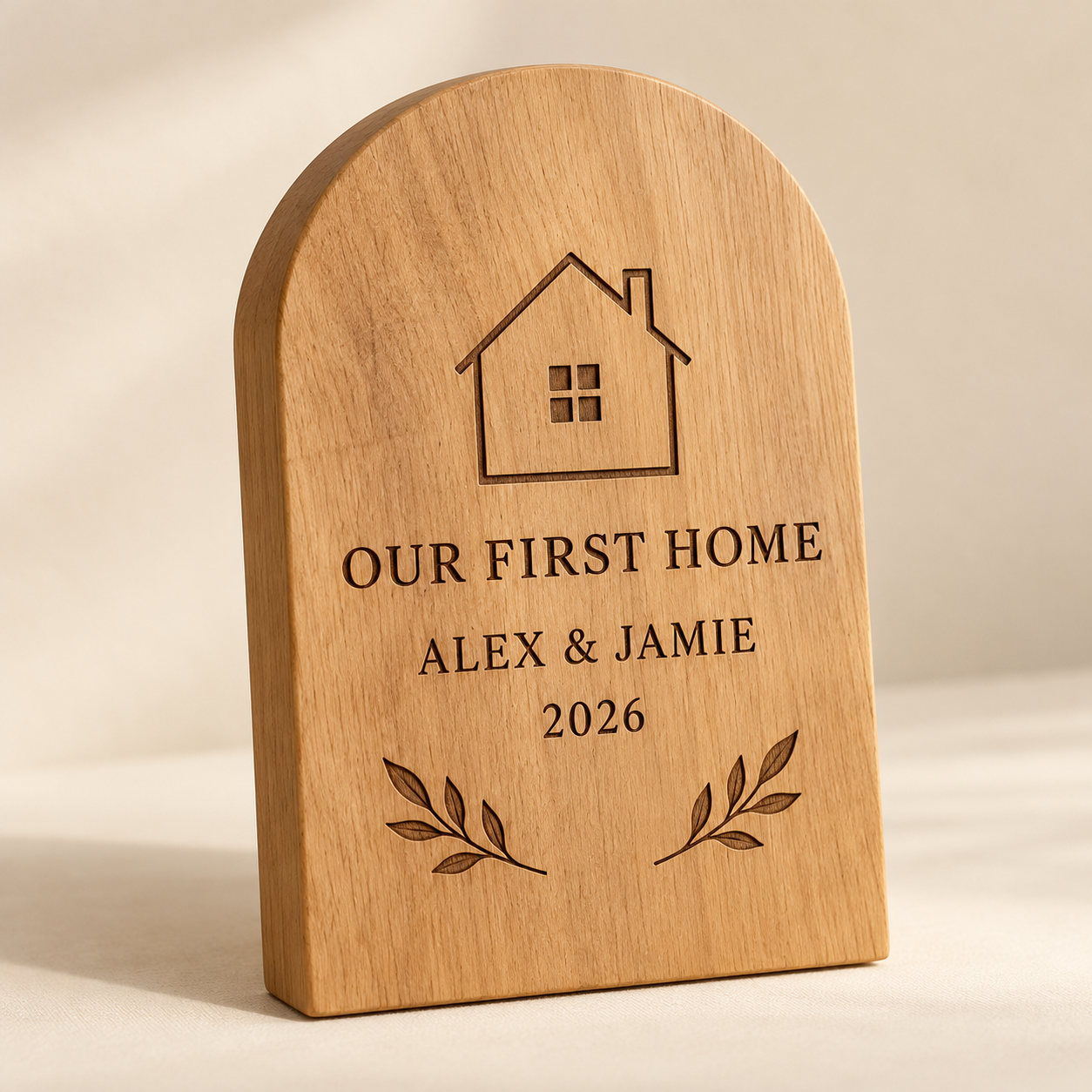 Personalised Oak New Home Arch Plaque — AI-generated design illustration