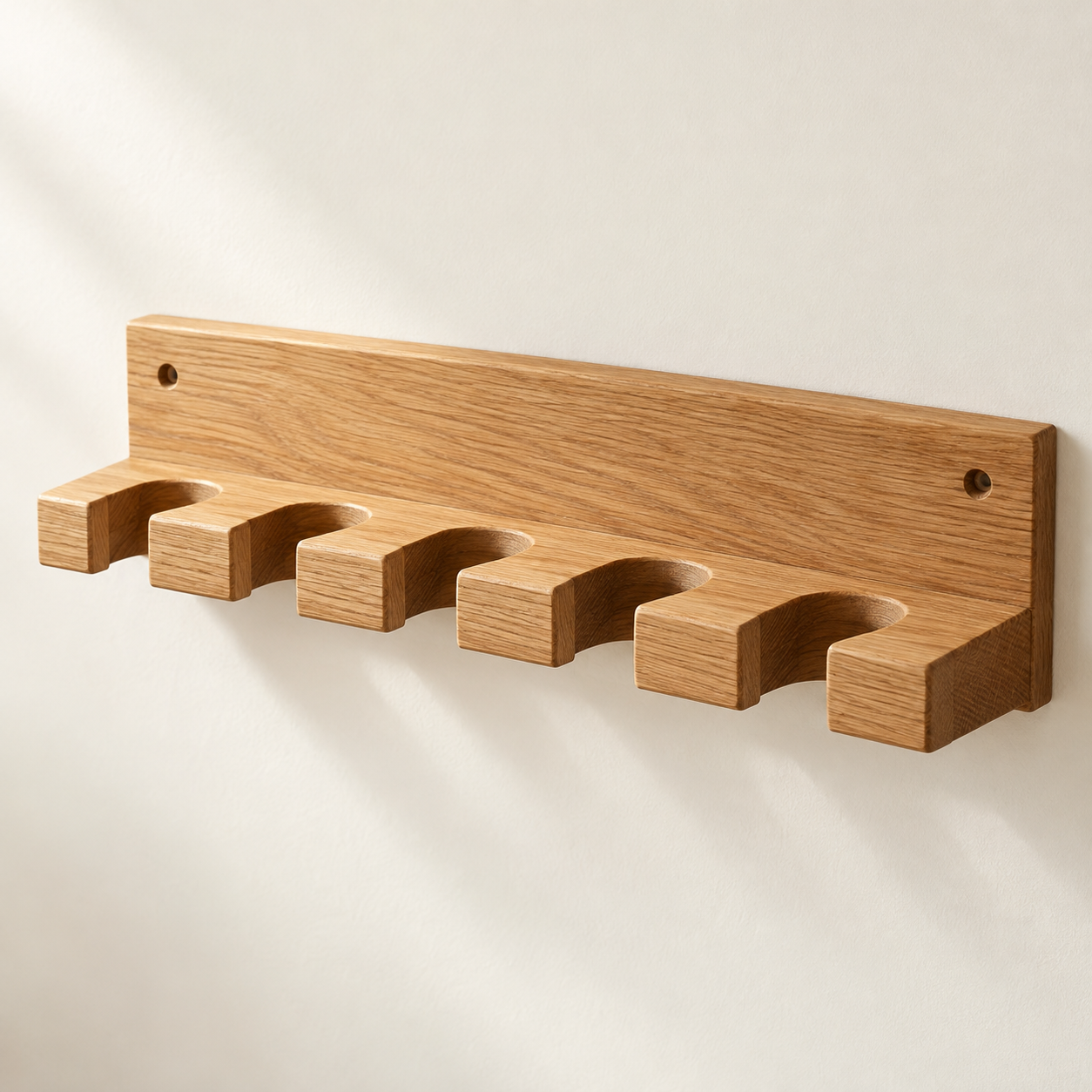 Solid Oak Garden Hand-Tool Rail — Five Slots — AI-generated design illustration