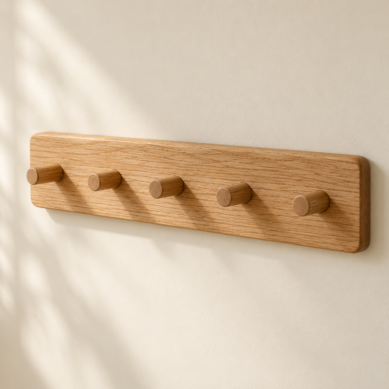 Solid Oak Jewellery Rail — Five Pegs — AI-generated design illustration