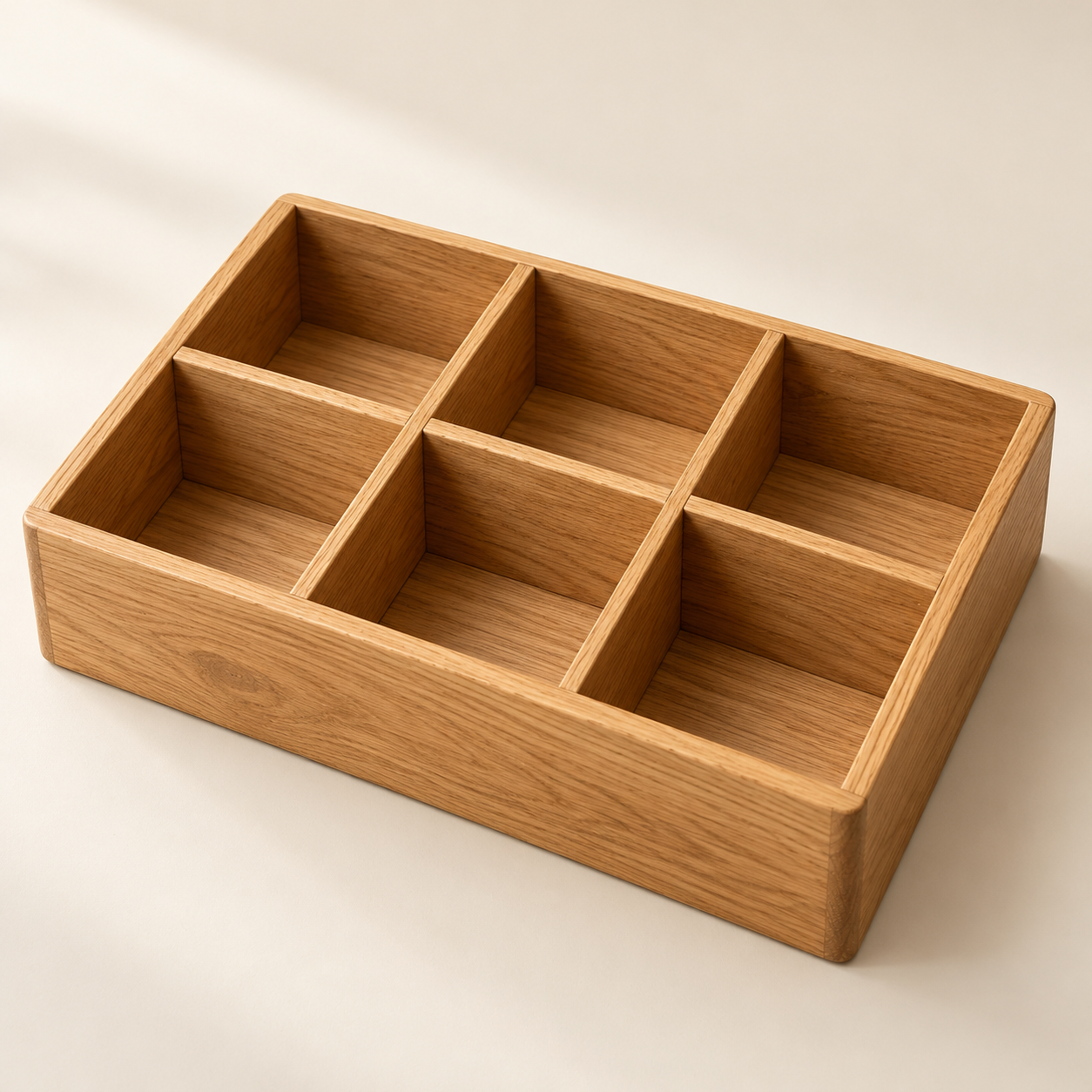Solid Oak Tea Sachet Caddy — Six Compartments — AI-generated design illustration