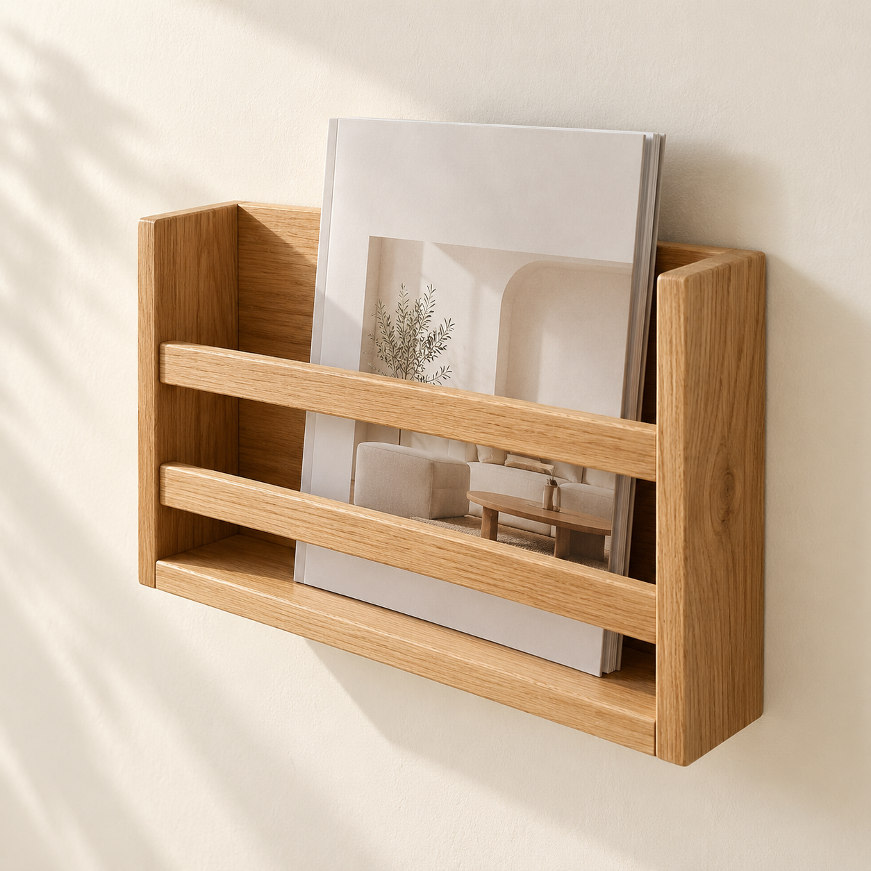 Solid Oak Wall Magazine Rack — AI-generated design illustration