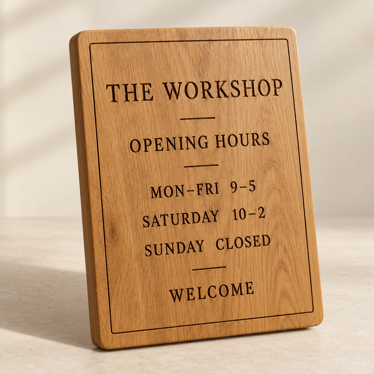 Engraved Oak Opening Hours Plaque — AI-generated design illustration