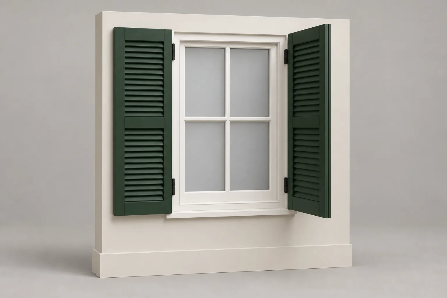 Showroom illustration of green louvred timber shutters hinged beside a window