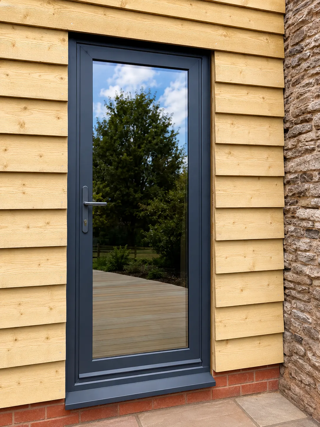 Grey aluminium door in timber cladding