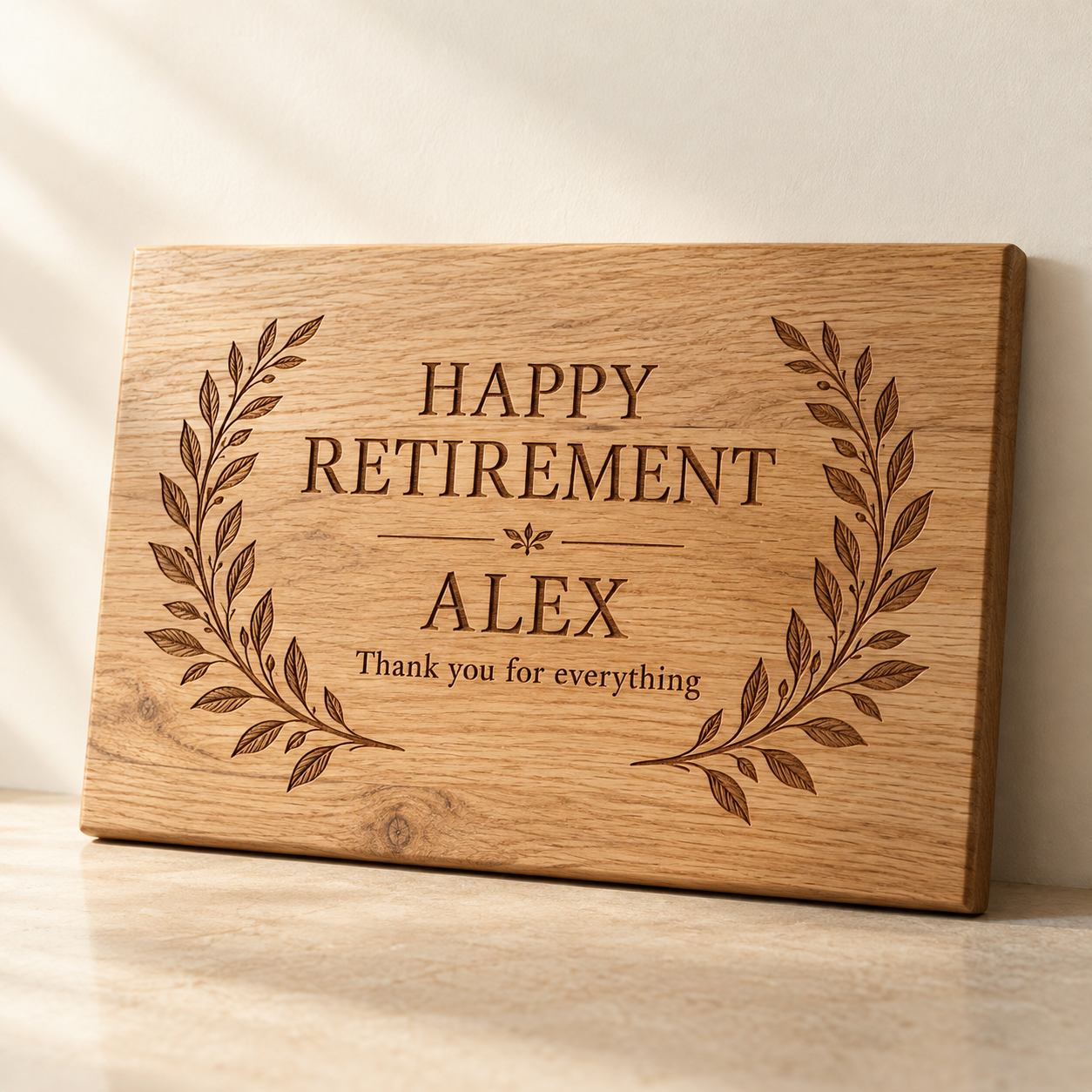 Engraved Oak Retirement Gift Plaque — AI-generated design illustration