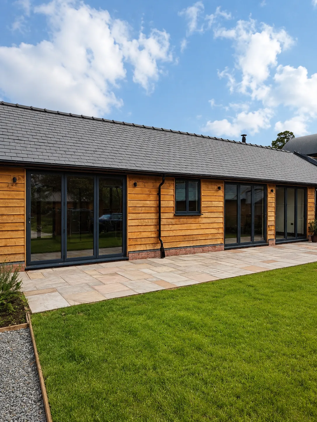 Aluminium doors and windows across a timber-clad home