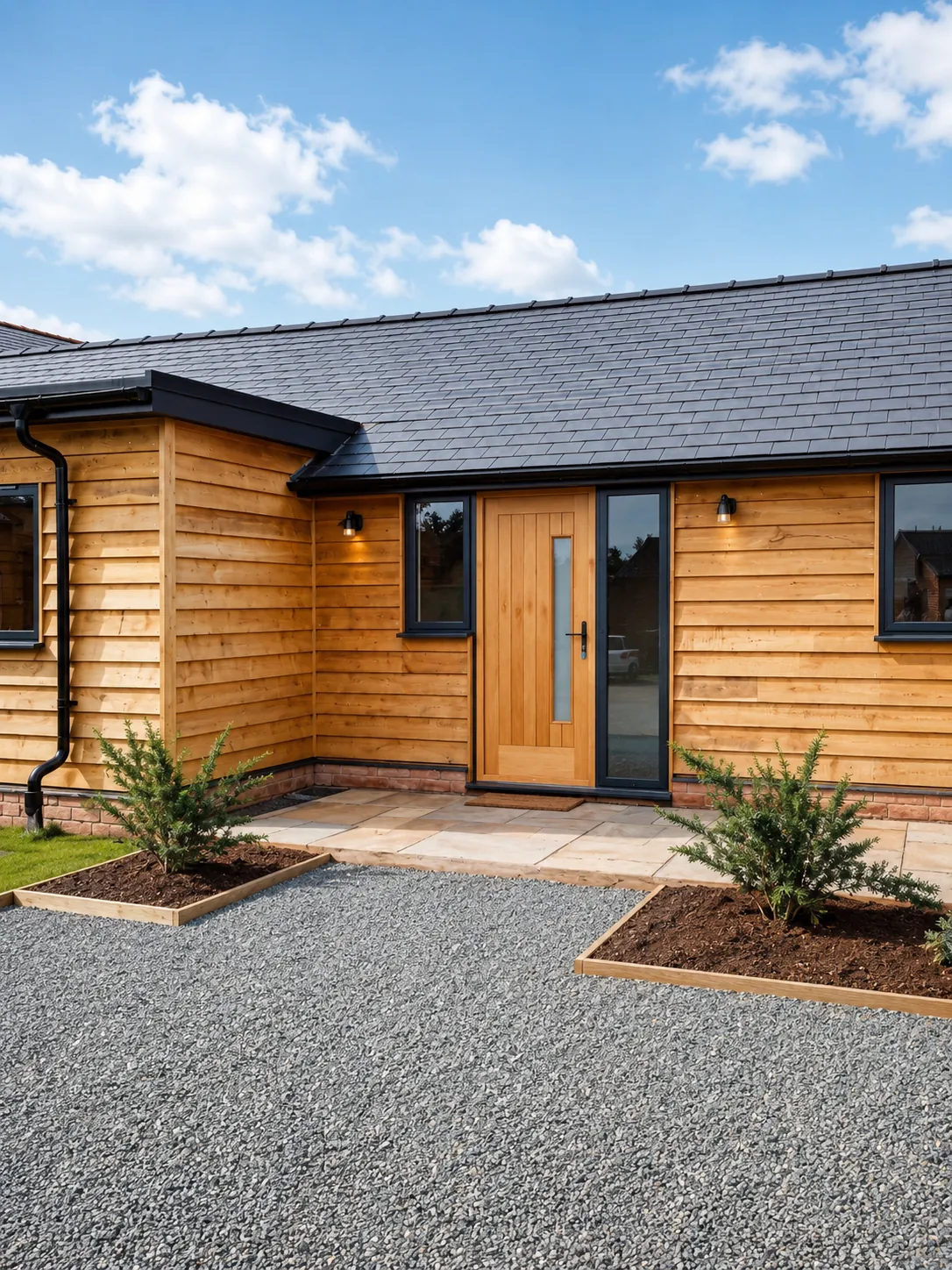 Glazed entrance and windows in a timber-clad home