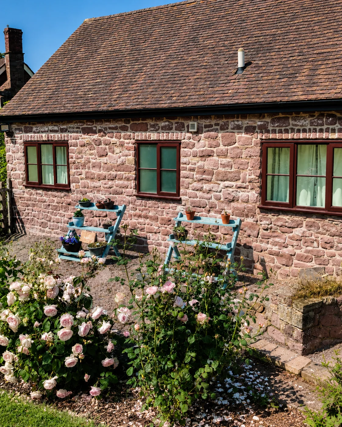 Painted windows across a stone barn