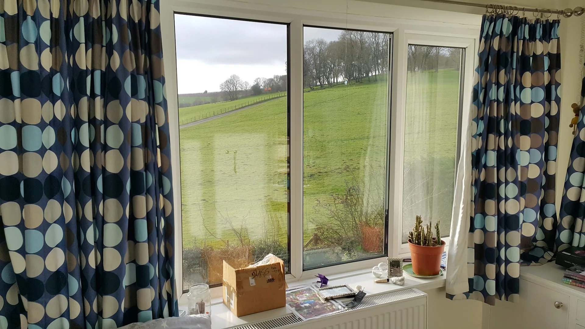 Painted three-part window with a countryside view
