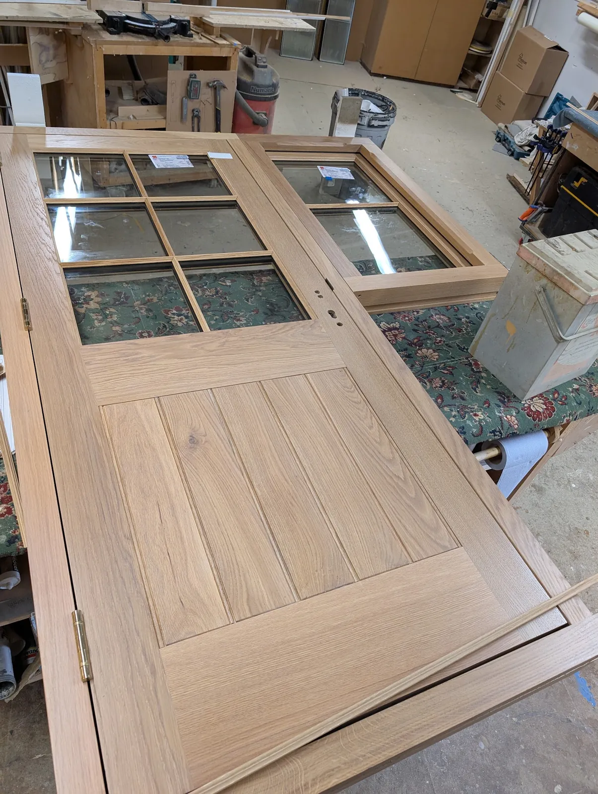 Glazed timber door being assembled in the workshop