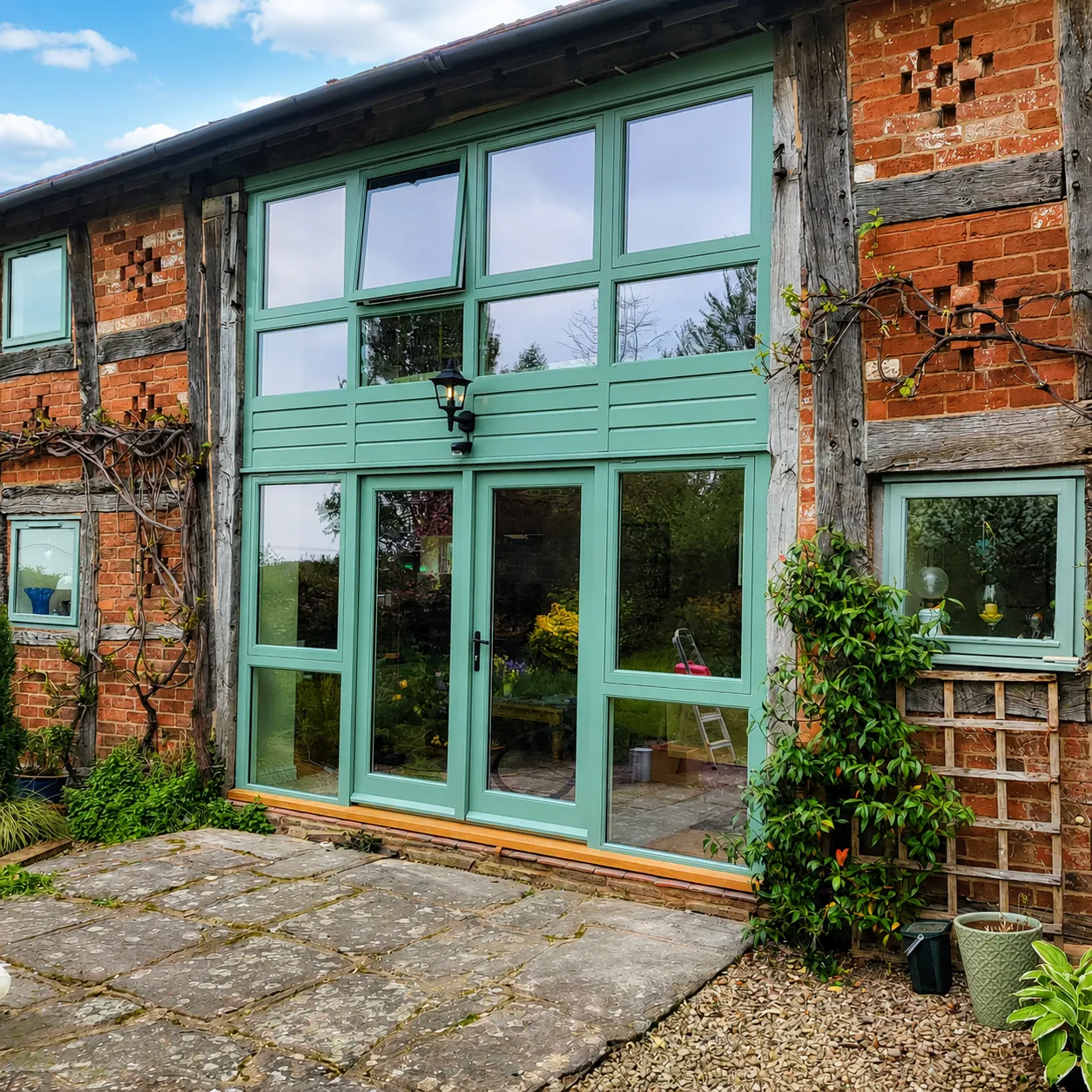 Green painted timber doors and glazing in a brick barn