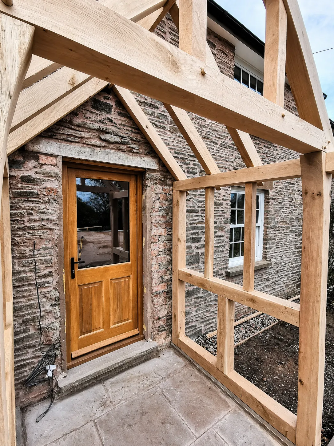 Timber porch frame during construction