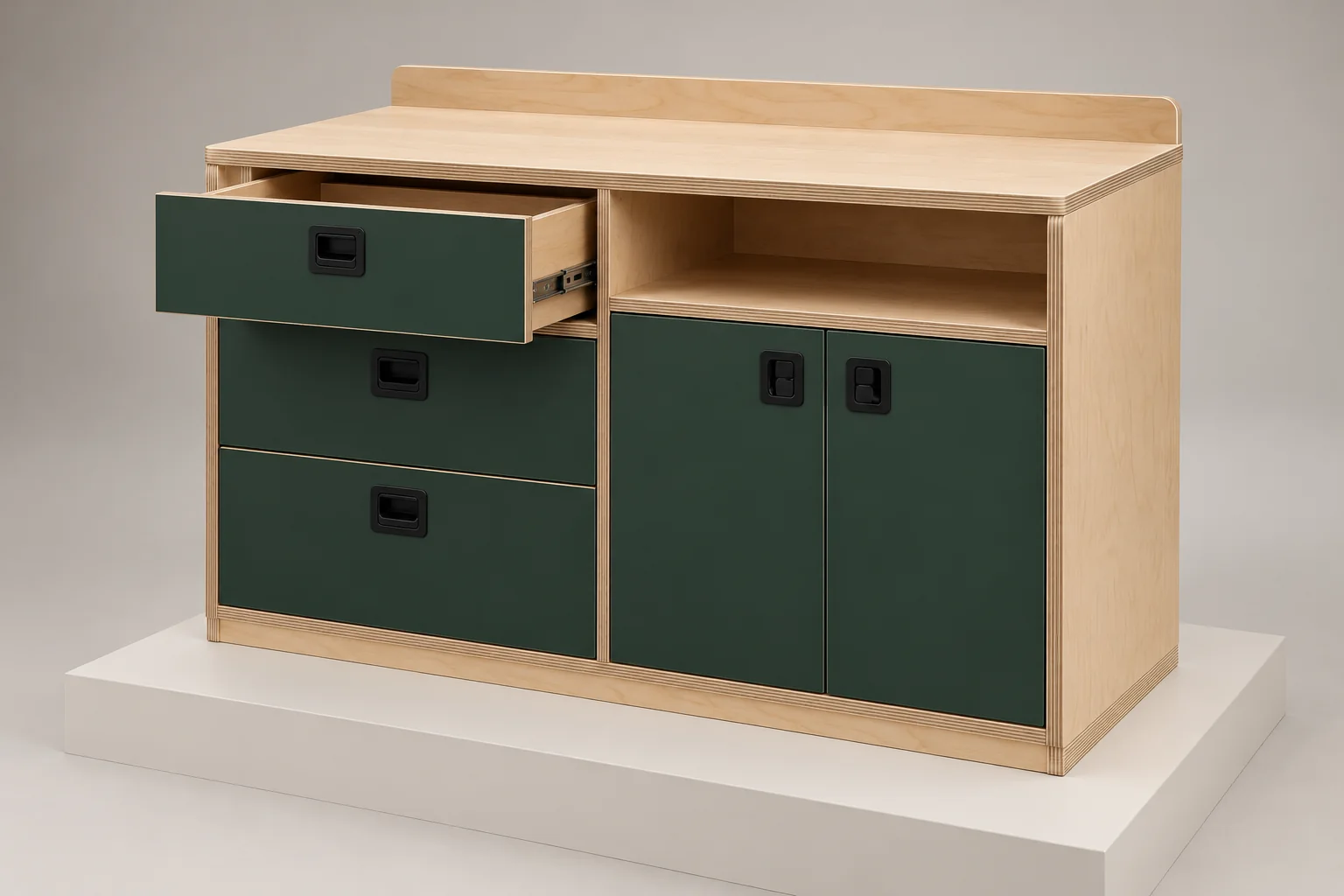 Showroom illustration of a plywood vehicle cabinet with green drawer and cupboard fronts