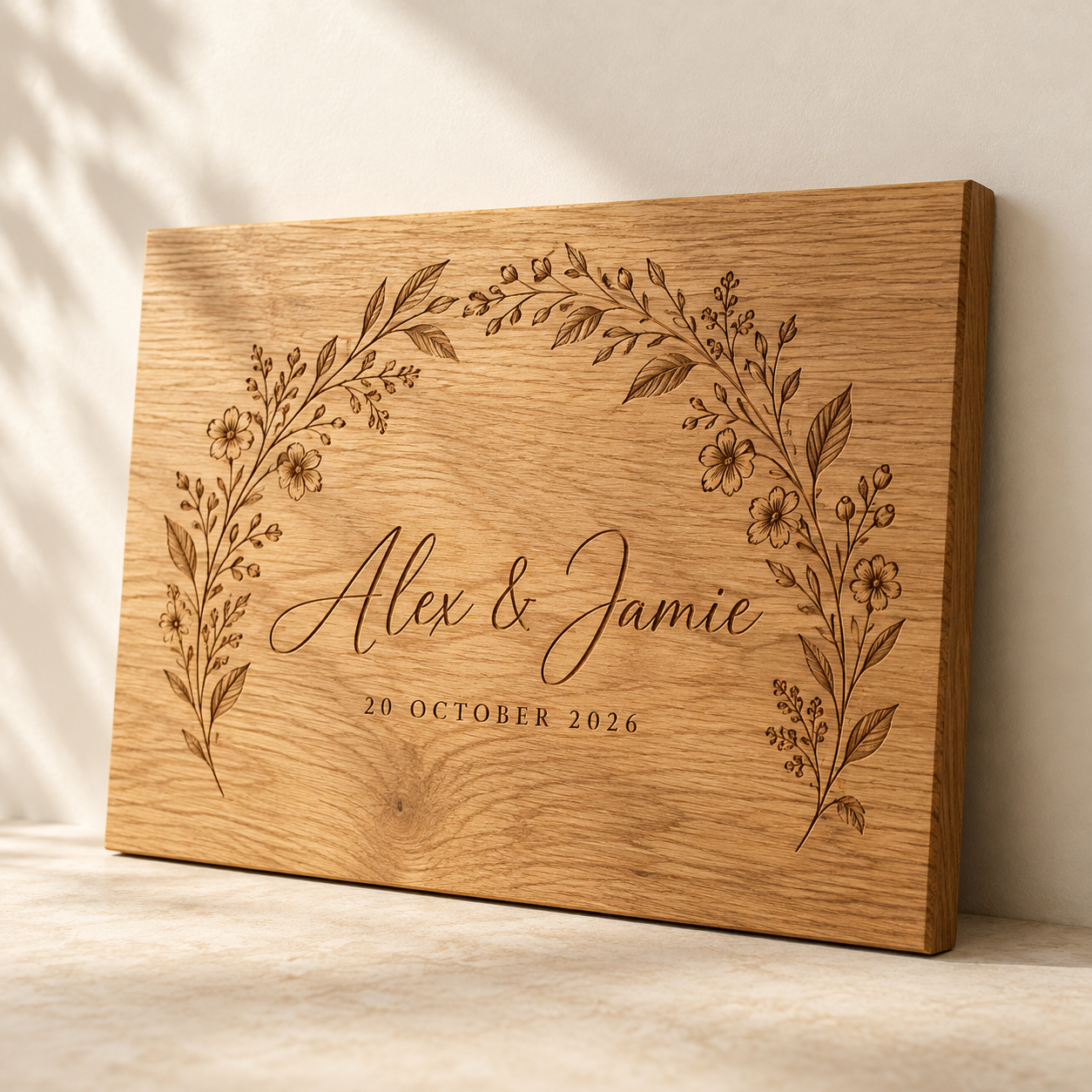 Personalised Oak Wedding Keepsake Plaque — AI-generated design illustration