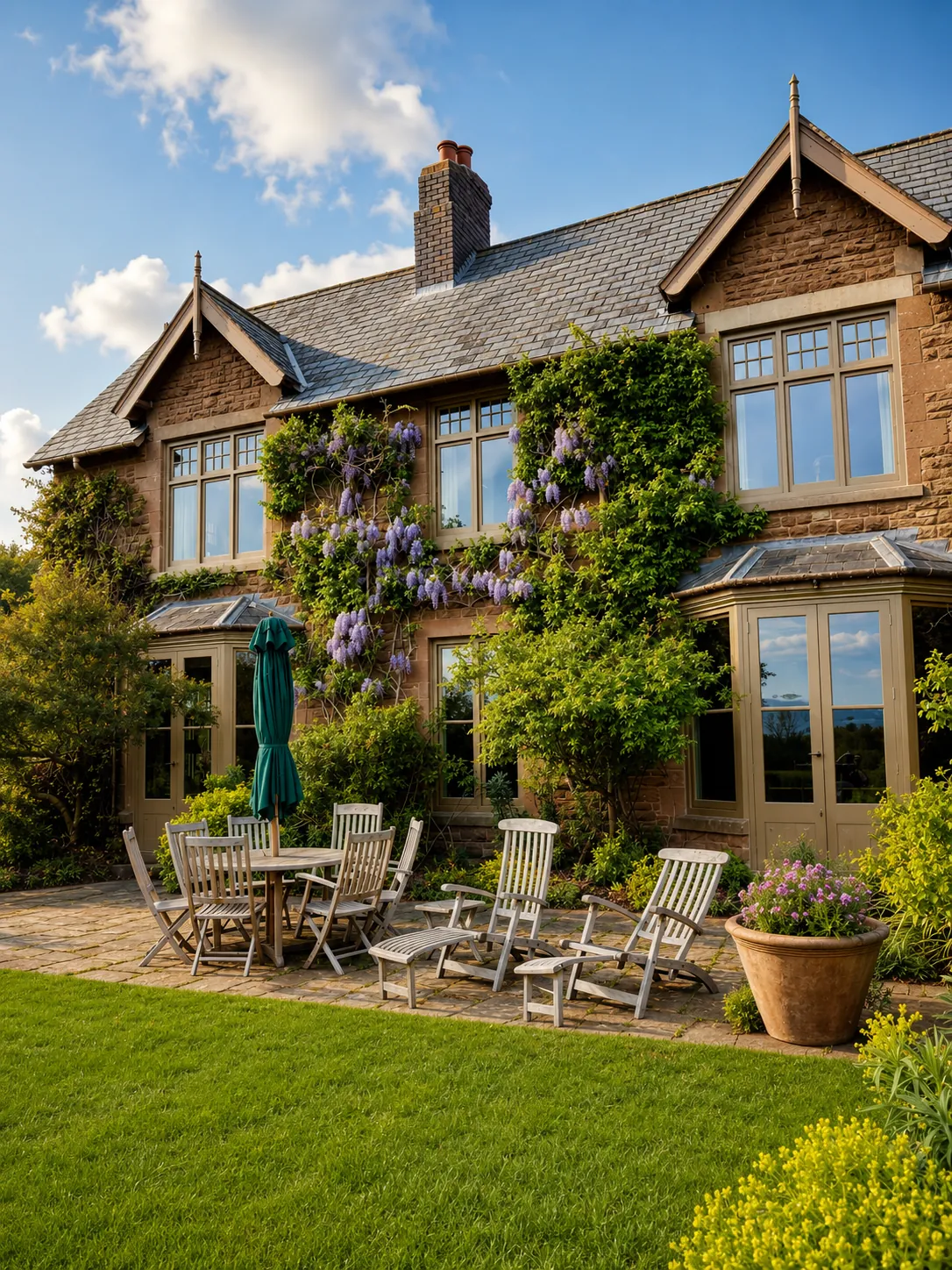 Stone house with timber windows and garden terrace