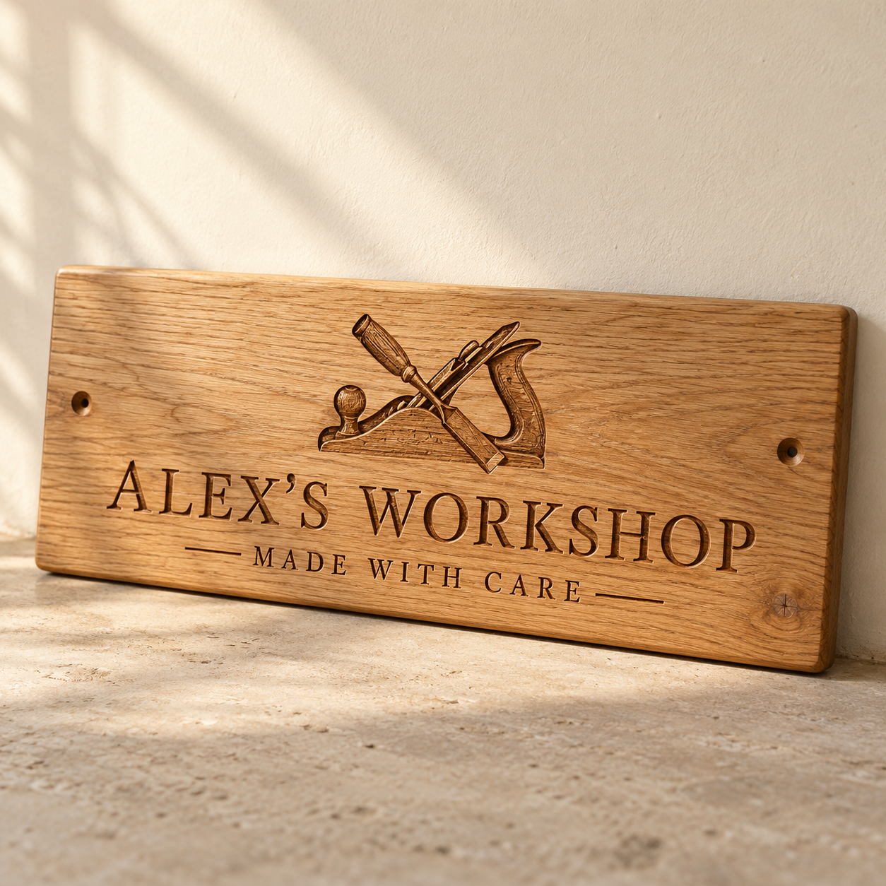 Personalised Oak Workshop Sign — AI-generated design illustration